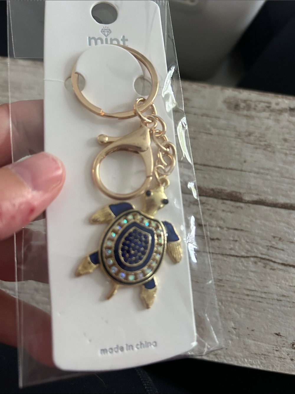 5/$25 Mint Gold Turtle Keychain with Navy and Iridescent Accents